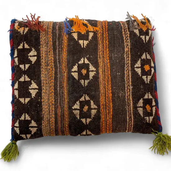 Bag (cushion) – wool, - pile/flatweave - Beluch - red/blue side braids – tasselled. 44 x 35cm